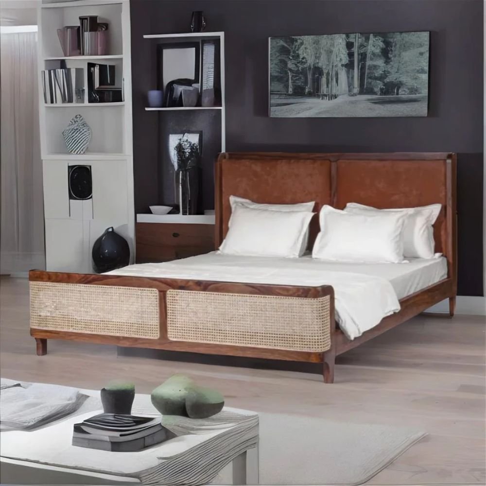 1-160.jpg Grand cane and walnut bed with plush upholstery – Heirloom Weave - Image 1