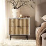 Grand fluted oak marble bedside table with metal base – Lunar Ridge
