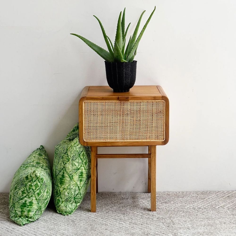 1-184-1.jpg Luxe solid wood cane end table featuring hand-woven detail – Terra Loom - Image 1