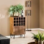 Slatted solid mango wood wine cabinet featuring radiant iron – Urban Vale