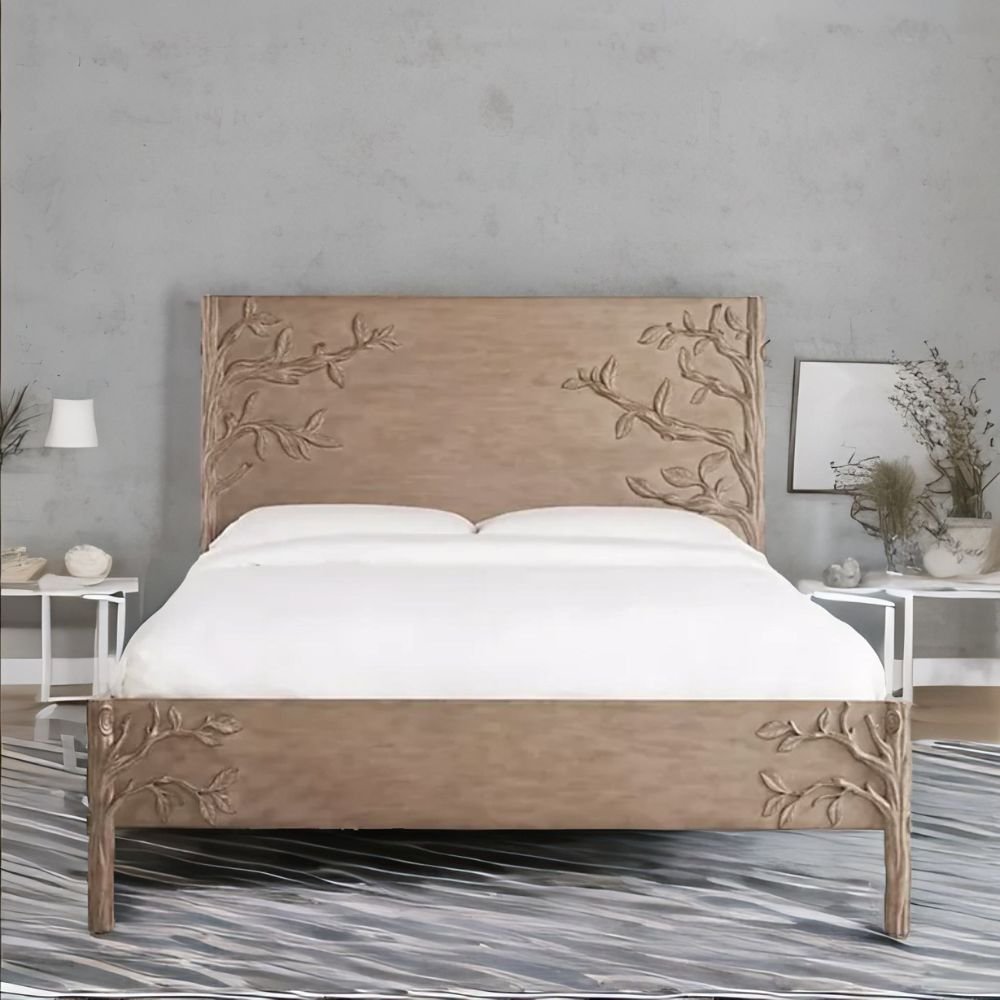 1-241.jpg Grand solid wood floral king bed featuring artisanal detail – Flora Muse - Image 1