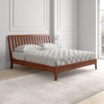 Luxe mid-century solid beech king bed with teak finish – Aura Slope