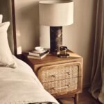 Solid mid-tone oak rattan bedside table with brass – Urban Haven