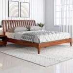 Luxe mid-century solid beech king bed with teak finish – Aura Slope - Image 2