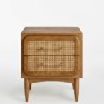 Solid mid-tone oak rattan bedside table with brass – Urban Haven - Image 2