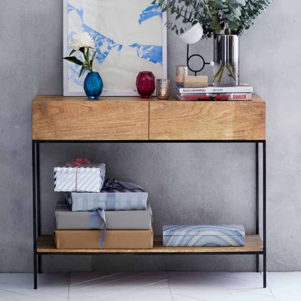 2-91.jpg Solid modern mango wood console with iron detailing – Urban Aura - Image 1