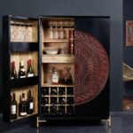 Chic modern black mango wood bar cabinet with metal legs – Onyx Drift - Image 7