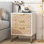 Modern chevron wood bedside table with gold accents – Metric Luxe