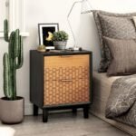 Opulent modern oak geometric end table in dual-drawer solid wood – Lunar Crest