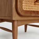 Solid mid-tone oak rattan bedside table with brass – Urban Haven - Image 3